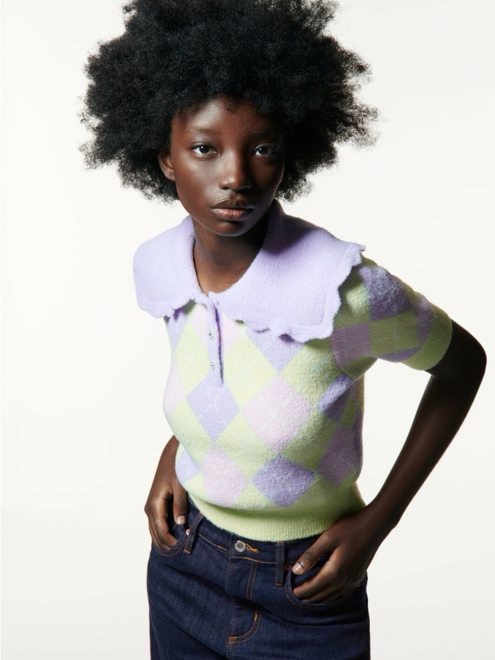 ZARA Lavender, Pale Pink & Light Lime Argyle Short-Sleeve Polo Sweater, medium